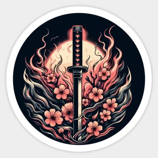 Sakura with katana in flames Sticker